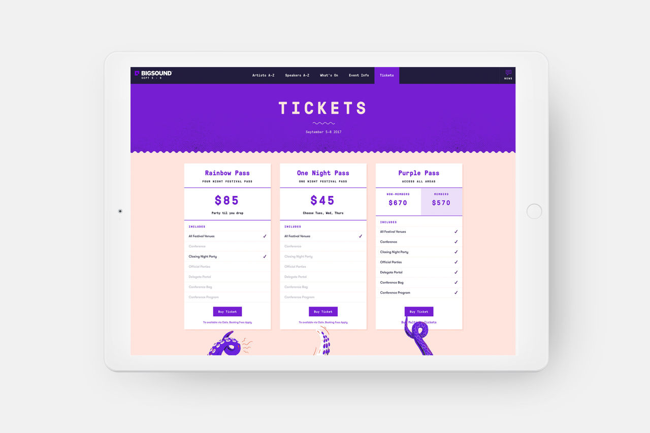 An iPad depicting the Bigsound ticketing page design.